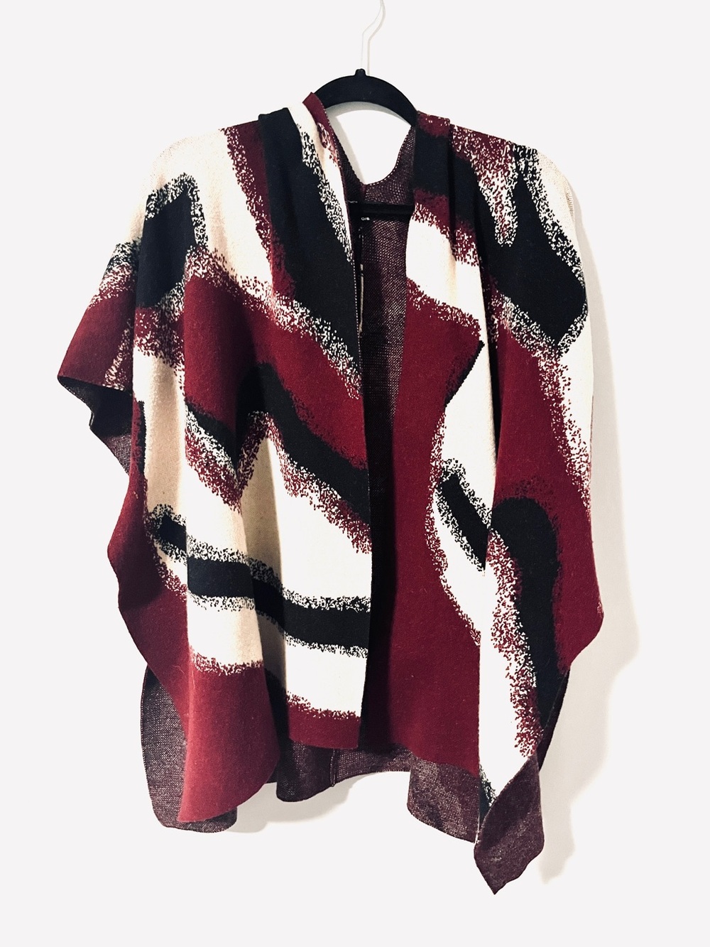 Women's Open Front Abstract Print Cardigan Sweater - Burgundy, Black & Cream